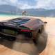 A wooden Lamborghini Aventador speeds down a beach in Forza Horizon 5.